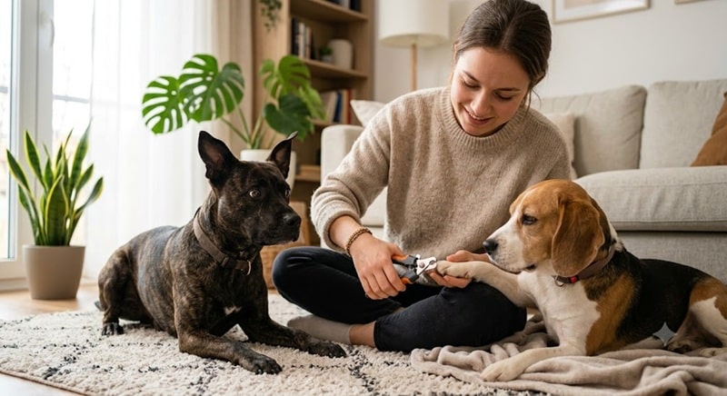 Een vrouw zit op een vloerkleed in een lichte woonkamer en knipt voorzichtig de nagels van een rustige beagle. Een tweede, donker gestroomde hond ligt ernaast en kijkt met opgerichte oren aandachtig toe.