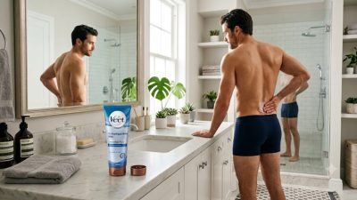 Een jonge, sportieve man in donkere boxershorts staat in een luxe, lichte badkamer en brengt ontharingscrème aan op zijn onderrug. Op de voorgrond, op een marmeren wastafel, staat een tube Veet Ontharingscrème Man Gevoelige Huid prominent in beeld. De achtergrond toont een grote spiegel en een glazen inloopdouche.