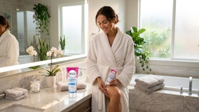 Een jonge vrouw in een witte badjas zit glimlachend in een luxe, lichte badkamer en brengt ontharingscrème aan op haar been. Op de voorgrond staat een herkenbare tube Veet Ontharingscrème op een marmeren wastafel. De spa-achtige ruimte heeft een badkuip, groene planten en zacht daglicht dat door het raam valt.