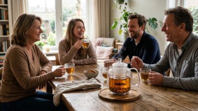 Vier personen zitten rond een houten tafel en drinken thee uit een glazen theepot.